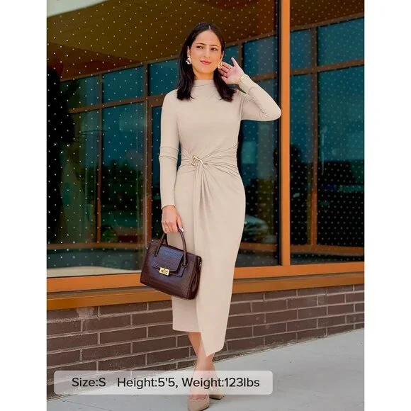 Zesica Women's Apricot Long Sleeve Mock Neck Long Midi Bodycon Cocktail Dress